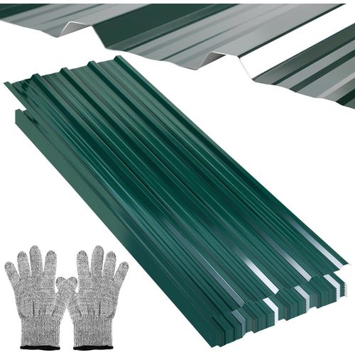 24 Stück Trapezblech 129x46cm Profiblech SET inkl. 1 paar Handschuhe, Grün verzinkt Dachblech 14m² Wellblech Dachplatten für Gerätehaus Carport