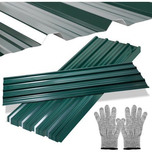 24 Stück Trapezblech 129x46cm Profiblech SET inkl. 1 paar Handschuhe, Grün verzinkt Dachblech 14m² Wellblech Dachplatten für Gerätehaus Carport