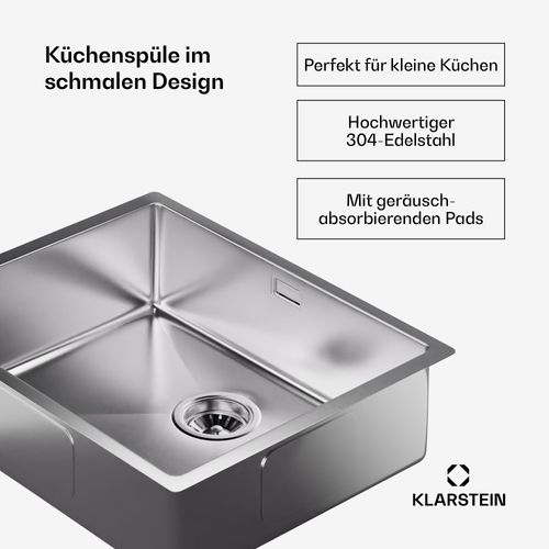 Klarstein Spülbecken – Quadratische Edelstahlspüle, 304 Edelstahl, Kratz- & Hitzebeständig, Leicht zu Reinigen, Inkl. Überlauf & Einbausatz, 45x55 cm, Rostfreier Stahl