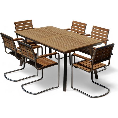 ALEOS. Gartengarnitur Edelstahl Teak Set: Tisch Nassau 160x90 cm + 6 stapelbare Teak Schwingsessel A-Grade Teak Holz Serie Nassau Gastroqualität Gartenmöbelgarnitur Esstischset Gastgartenmöbel