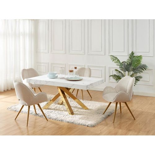 Esstisch ausziehbar - 6 bis 10 Personen - MDF & Metall - Marmor-Optik Weiß & Goldfarben - CATONAV