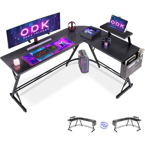 ODK Gaming Tisch Eckschreibtisch L Form Monitorständer Kohlefaser Schwarz