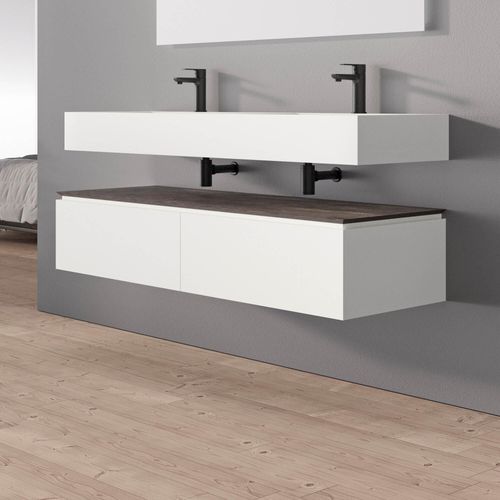 Badezimmer Sideboard Spring 150 cm Weiß matt in brauner Dekor-Optik - 150 x 30 x 50 cm