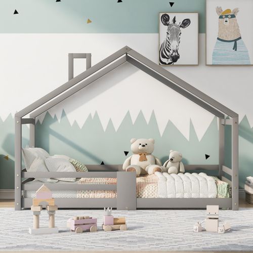 Kinderbett Hausbett mit Schornstein, Kiefernholz, 90x200 cm, Grau (ohne Matratze)