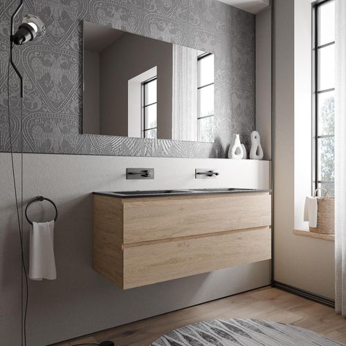 Unterschrank AVA 120 cm mit Mineralguss Waschbecken BRUXELLES - Farbe wählbar, Auswahl Waschbecken:Schwarz matt ohne Hahnloch, Farbe Badmöbel:Eiche Honiggold
