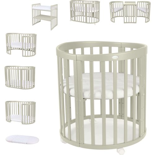 Mobiles Babybett OWAL aus Holz 7in1 mit Matratze, mitwachsend,Ohne Stoffset,Holz olive