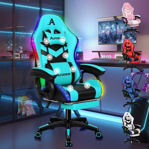 LED Gaming-Stuhl mit Massage, RGB-Beleuchtung & Lordosenstütze