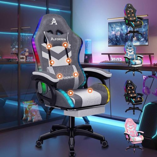 Gaming Stuhl mit Massage und LED Farben - Ergonomischer Gamer Sessel, Lordosenstütze, Fußstütze, Grau Spleißen Marc