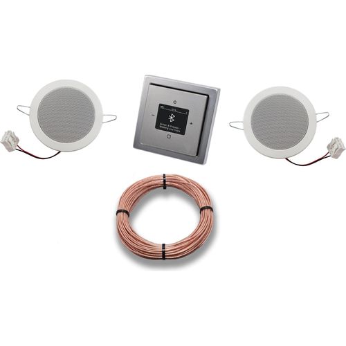 Busch Jäger DAB+ Unterputz Bluetooth (in and out) Radio 8217U-101 PUR Edelstahl, Komplett-Set mit 2 x Deckenlautsprecher Einbaulautsprecher + 20 Meter Lautsprecherkabel 2x0,75 mm2 8217 U - 101