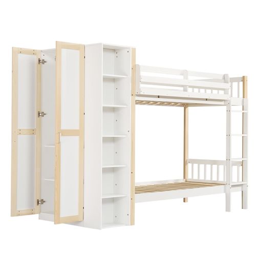 Etagenbett, Kinderbett mit Fallschutz und Gitter, mit 4-stufiger Leiter, 6 offenen Regalen, Reichlich Stauraum, Weiß+Natur, 90x200cm