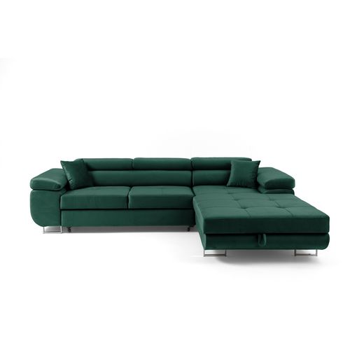 Ecksofa ALONZO Metallfüße, Liegefläche 125x195, verstellbare Kopfstützen, Bettzeugbehälter, Grün
