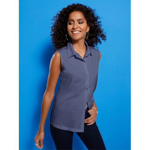 Blusentop CLASSIC BASICS, Damen, Gr. 42, blau (jeansblau), 100% Baumwolle, unifarben, ohne Ärmel, Blusen