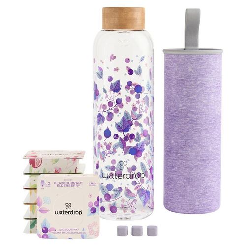 waterdrop Trinkflasche 18 Microdrinks & 600ml Trinkflasche aus Boros , Klar, Lila , Holz, Glas , Bambus , 0,6 L , hitzebeständig, kratzfest, extra