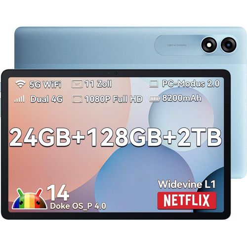 Blackview Android 14 Tablet 11 Zoll, Tab90 Gaming 4G LTE + 5G WLAN 24GB (8+16) RAM 128GB ROM (2TB TF) 8200mAh 5MP 13MP Unisoc Octa-Core, Gesicht