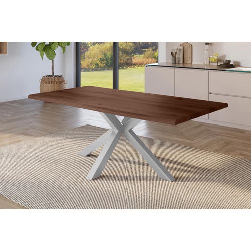 Esstisch 220x100 cm Baumkante Holz Nussbaum-Optik Spider-Gestell Metall silber JULIUS
