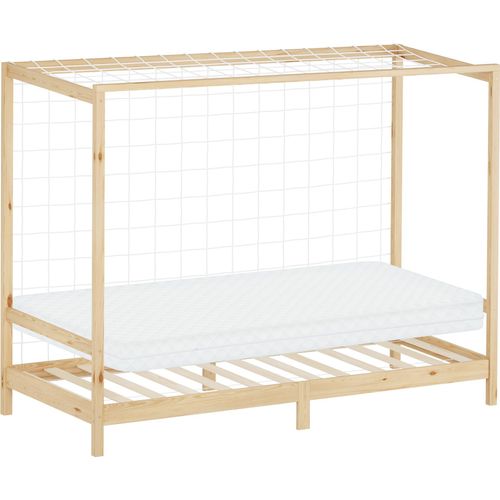 ML-Design Kinderbett Fußballtor 90x200 cm Einzelbett mit Matratze H:10cm Natur Holzbett mit Lattenrost & Netz Jugendbett aus Kiefernholz Handballtor