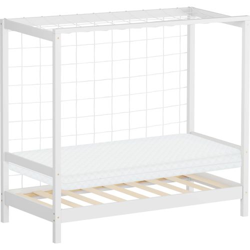 ML-Design Kinderbett Fußballtor 70x140 cm Einzelbett mit Matratze H:10cm Weiß Holzbett mit Lattenrost & Netz Jugendbett aus Kiefernholz Handballtor