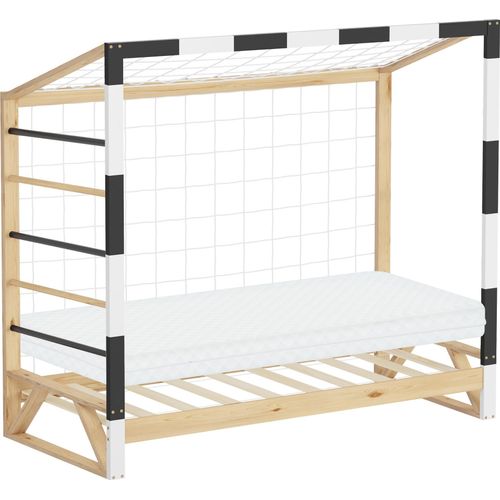 ML-Design Kinderbett Fußballtor 80x160 cm mit Matratze Holzbett mit Lattenrost Kletterleiter & Netz Jugendbett aus Kiefernholz Einzelbett Handballtor