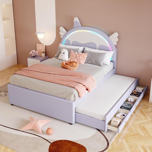 Einhorn-Kinderbett mit Ausziehbett, PU/MDF, 200kg Tragkraft, Violett, 140x200cm