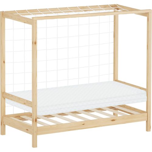 ML-Design Kinderbett Fußballtor 70x140 cm Einzelbett mit Matratze H:10cm Natur Holzbett mit Lattenrost & Netz Jugendbett aus Kiefernholz Handballtor
