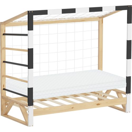 ML-Design Kinderbett Fußballtor 70x140 cm mit Matratze Holzbett mit Lattenrost Kletterleiter & Netz Jugendbett aus Kiefernholz Einzelbett Handballtor