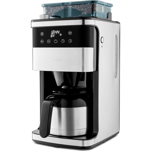 MEDION Kaffeemaschine mit Mahlwerk und Thermoskanne (1 Liter, max. 8 Tassen, 8 Mahlstufen, max. 1000 Watt, Timer, LED Display, Tropfstopp, Permanentfilter, MD19911)