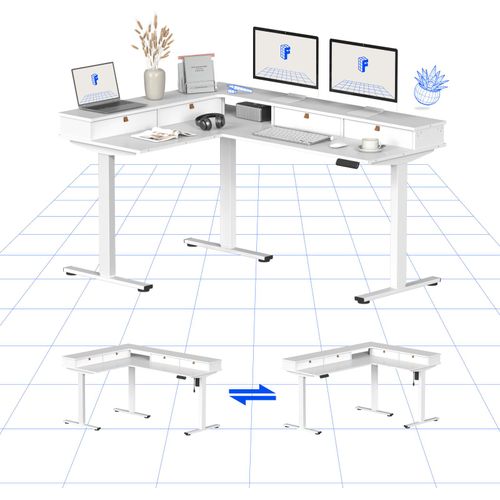 FLEXISPOT Höhenverstellbarer Schreibtisch Elektrisch Höhenverstellbarer L-förmiger Schreibtisch mit Stauraum Eckschreibtisch mit Schublade(Weiß)