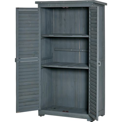 Outsunny Gartenschrank Holz Geräteschuppen Geräteschrank Werkzeugschrank Gartenhaus Holzhütte Pultdach Lamellentüren Tannenholz Grau 87 x 46,5 x 160 cm