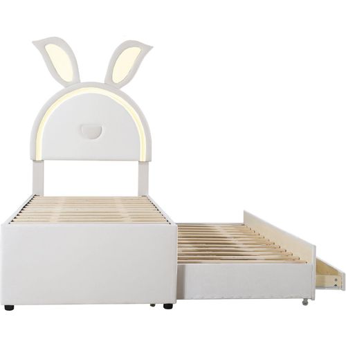 Beige Kinderbett Polsterbett 90x200cm (Ohne Matratze) Samtstoff Einzelbett-Schlafsofa mit ausziehbarem Bett Stauraumschublade und farbwechselndem LED