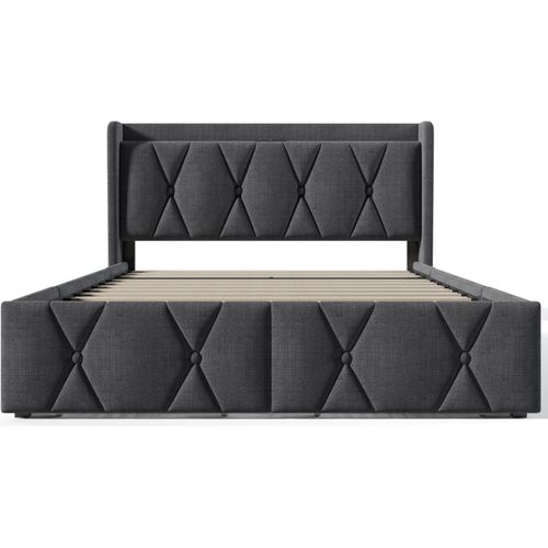 Doppelbett 140x200cm Polsterbett (Ohne Matratze) Grau Leinen Stauraumbett Mit USB Ladefunktion und 4 Schubladen Lattenrost aus Holz