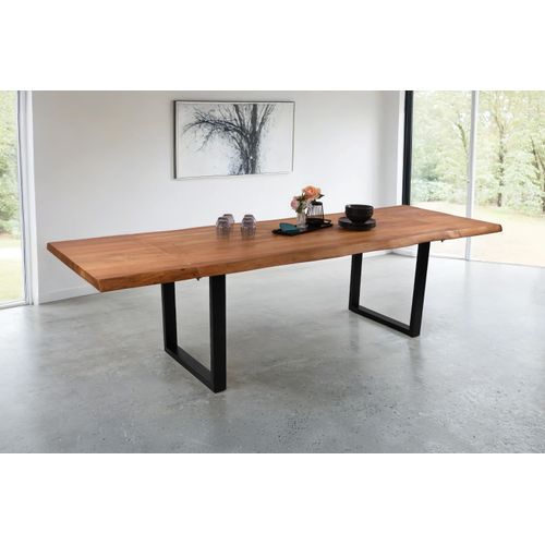 Esstisch Baumkante Akazie natur 180 (280) x 90 U-Gestell schwarz mit Ansteckplatten CALI
