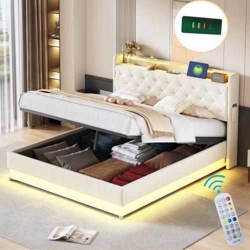 LED Polsterbett 160x200 cm (Ohne Matratze) mit USB-Ladeanschluss und Hydraulischer Lagerung Hautfreundlicher Leinenstoff Beige