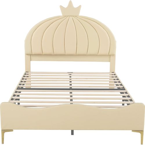 Kinderbett 140x200cm Polsterbett (Ohne Matratze) Cartoon-Kopfteil Mit Kranzleiste Metallfußteil Doppelbett Gästebett Beige Kunstlederstoff