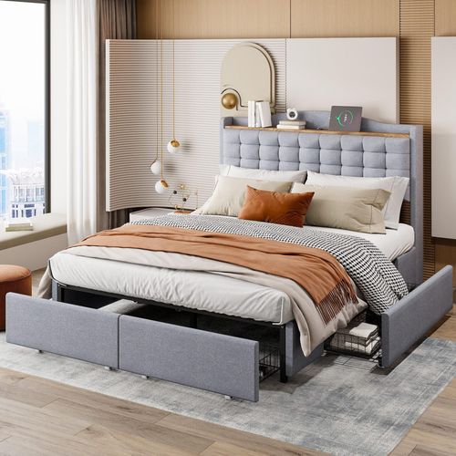 Polsterbett 140x200 cm (Ohne Matratze) Nachttisch mit USB-Ladeanschluss und Ablage Doppel Hochbett mit 4 Schubladen Leinenstoff Grau