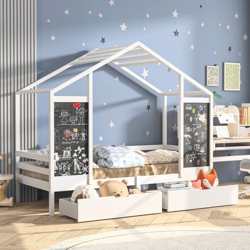 CDGlobal Kinderbett 90x200cm mit Rausfallschutz, Kinder Hausbett mit Schubladen und Ablageregal, Stabiles Holz Baumhausbett mit Lattenrost, Spielbett für Jungen & Mädchen, Weiß