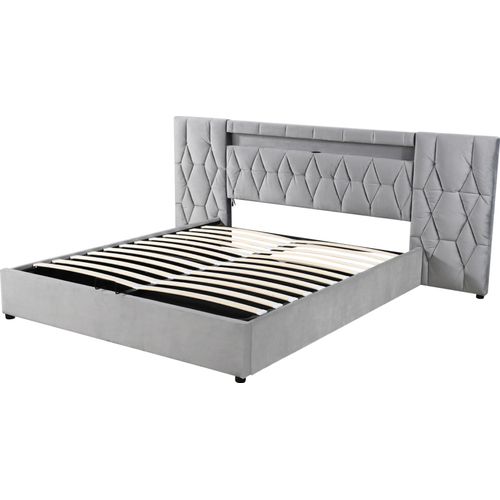 Jugendbett 160x200cm Polsterbett (Ohne Matratze) Grau Samtbett Mit großer Rückenlehne Mit LED und USB-Steckdose Hydraulisches Stauraumsystem