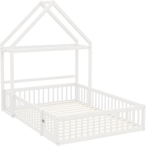 Kinderbett 140x200cm MassivholzbettOhne MatratzeEinzelbett Hausbett Holzbett Stauraumbett Mit Lagerregal Vollschutzgitter und Türen Weiß