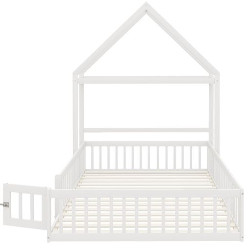 Kinderbett 140x200cm MassivholzbettOhne MatratzeEinzelbett Hausbett Holzbett Stauraumbett Weiß Mit Lagerregal Vollschutzgitter und Türen
