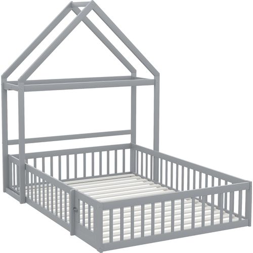Kinderbett 140x200cm MassivholzbettOhne MatratzeEinzelbett Hausbett Holzbett Stauraumbett Grau Mit Lagerregal Vollschutzgitter und Türen