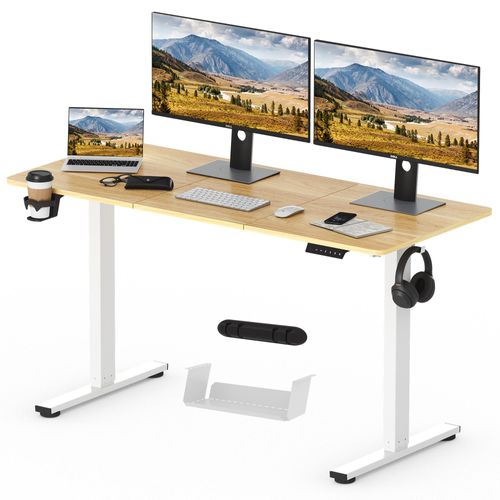 SANODESK Höhenverstellbarer Schreibtisch 140x60cm elektrisch, 4 Memory-Funktion Antikollisionsschutz 70 kg Tragkraft, Haken, Kabelmanagement (Ahorn)