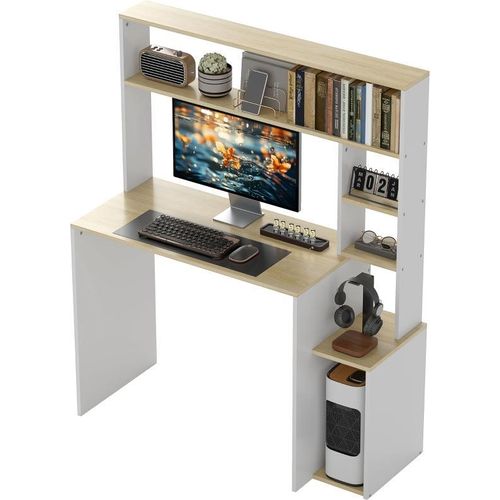 Schreibtisch 113 x 45 cm Computertisch Bürotisch mit offenen Regalen, CPU-Ständer, Stahlgestell für Home Office, Schlafzimmer Eiche