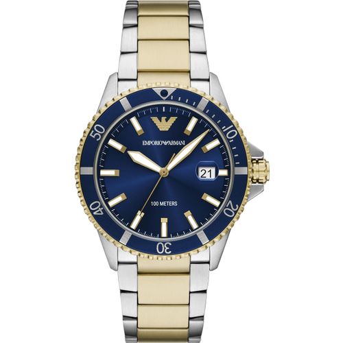 Quarzuhr EMPORIO ARMANI, edelstahlfarben, goldfarben, dunkelblau, Armbanduhren, Herren, Armbanduhr, Herrenuhr, Edelstahlarmband, analog, Tag
