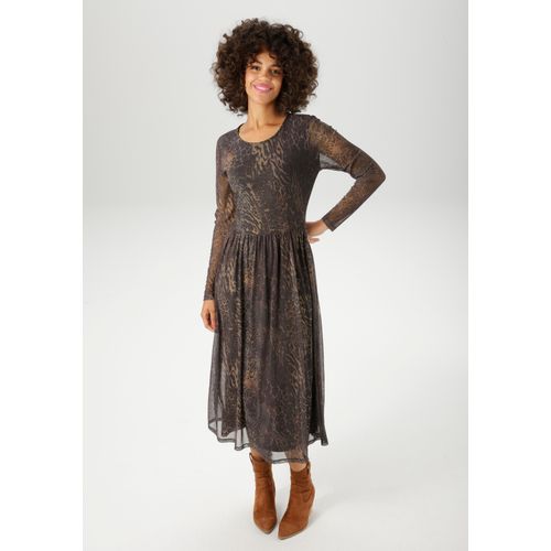 Midikleid ANISTON CASUAL, Damen, Gr. 36, N-Gr, anthrazit, dunkelgrün, hellbeige, braun, taupe, zimt, Mesh, Obermaterial: 95% Polyester, 5% Elasthan. Futter: 100% Polyester, animal-print, bedruckt, modisch, figurumspielend wadenlang, Rundhals, Langarm, Kleider, mit fantasievollem Animal-Print - NEUE KOLLEKTION