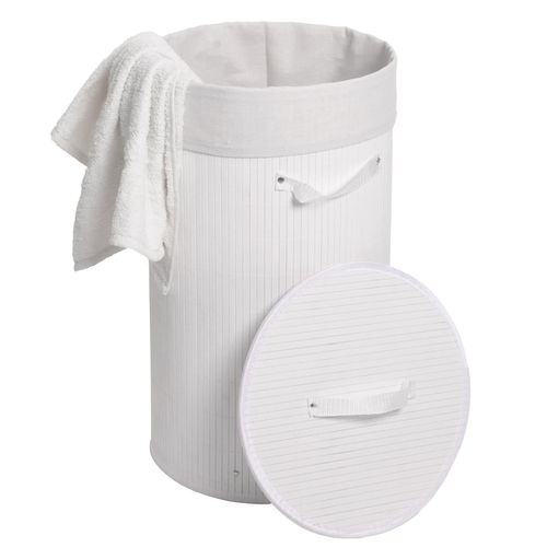 Wäschekorb MCW-C21, Laundry Wäschebox Wäschesammler Wäschebehälter Wäschetonne, Bambus rund 59x35cm 50l ~ weiß