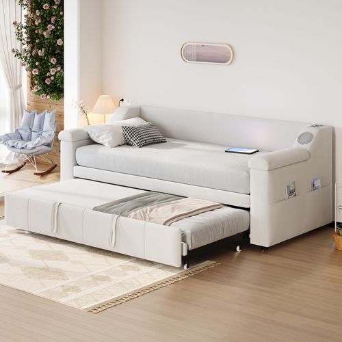MODFU Schlafsofa 90/180x190 mit Smart Bluetooth-Stereoanlage und USB-Ladeanschluss,mit Lattenrost und Ablagefächern,Daybett Samtstoff,ohne Matratze,Beige