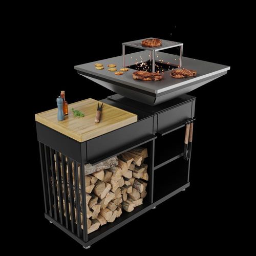 Kamin QUADRUM mit Grill mit Holzplatte