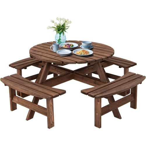 KOMFOTTEU Gartentischset für 8 Personen, Picknicktisch Set mit 4 Bänken & Schirmloch, Campingtisch aus Tannenholz wetterfest, Dunkelbraun
