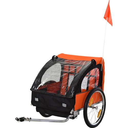 HOMCOM Kinderanhänger Kinderfahrrad geeignet für 2 Kinder, Stahlrahmen, Sitzträger mit Sicherheitsgurt, für Kinder ab 18 Monaten, Oxford-Gewebe, Stahl, 130x76x88 cm, Orange+Schwarz