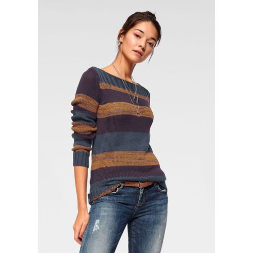 Streifenpullover AJC, Damen, Gr. 32/34 (XS), blau (blau (pullover aus nachhaltigem material)), Strick, Obermaterial: 65% Baumwolle, 35% Polyacryl, gestreift, casual, figurbetont hüftlang, U-Boot-Ausschnitt, Langarm Rippstrickbündchen, Pullover Pullover Rundhalspullover, im tollen Streifen Dessin