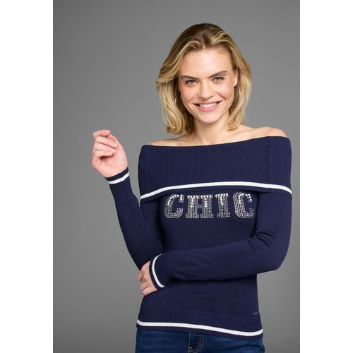 Carmenpullover LAURA SCOTT, Damen, Gr. 38, blau (marine), Feinstrick, Obermaterial: 70% Viskose, 30% Polyamid, bestickt, kontrastfarbene Details, unifarben, figurbetont taillenbedeckt, Carmenausschnitt, Rippbündchen, Pullover, mit Schrift aus Glitzersteinen und Zierperlen
